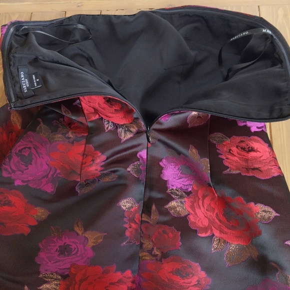 Marciano Night Rose Jacquard Strapless Big Bow Asymmetrical Mini Dress - Picture 12 of 14